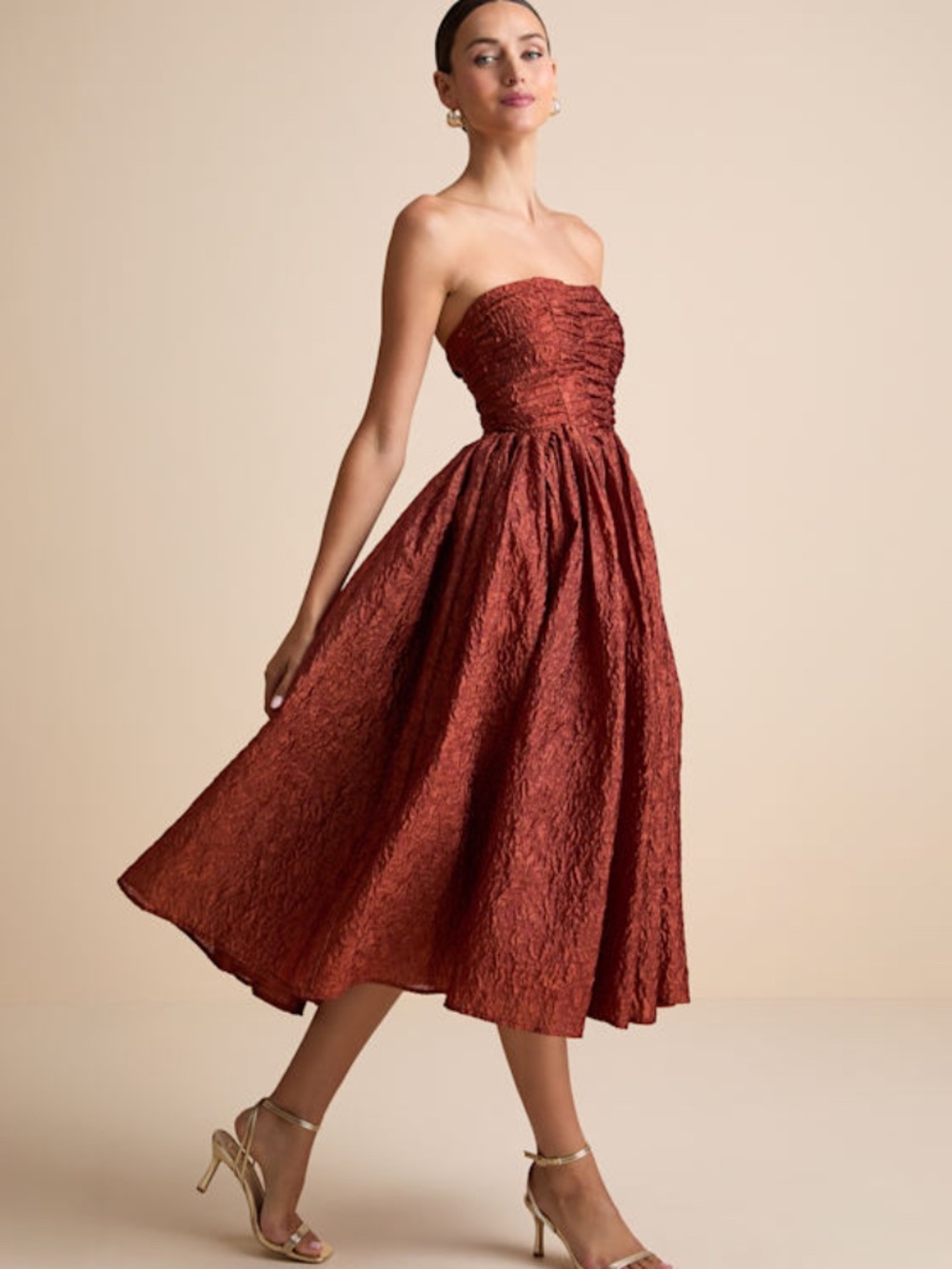 Lulus Analeia Rust Jacquard Lace-up Strapless Midi Dress Red - Size XXS